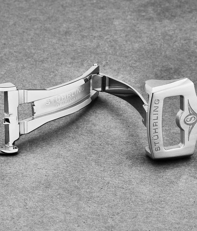 Stührling 24mm Leather Strap with Stainless Steel Deployant Buckle