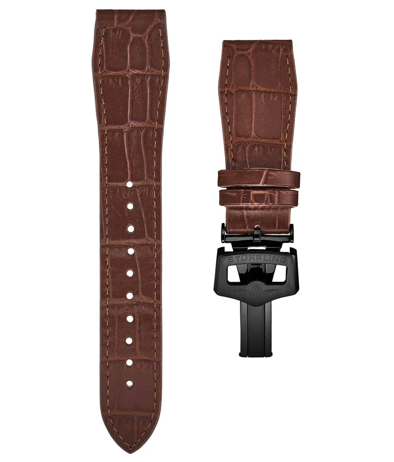 Stührling 24mm Leather Strap with Stainless Steel Deployant Buckle