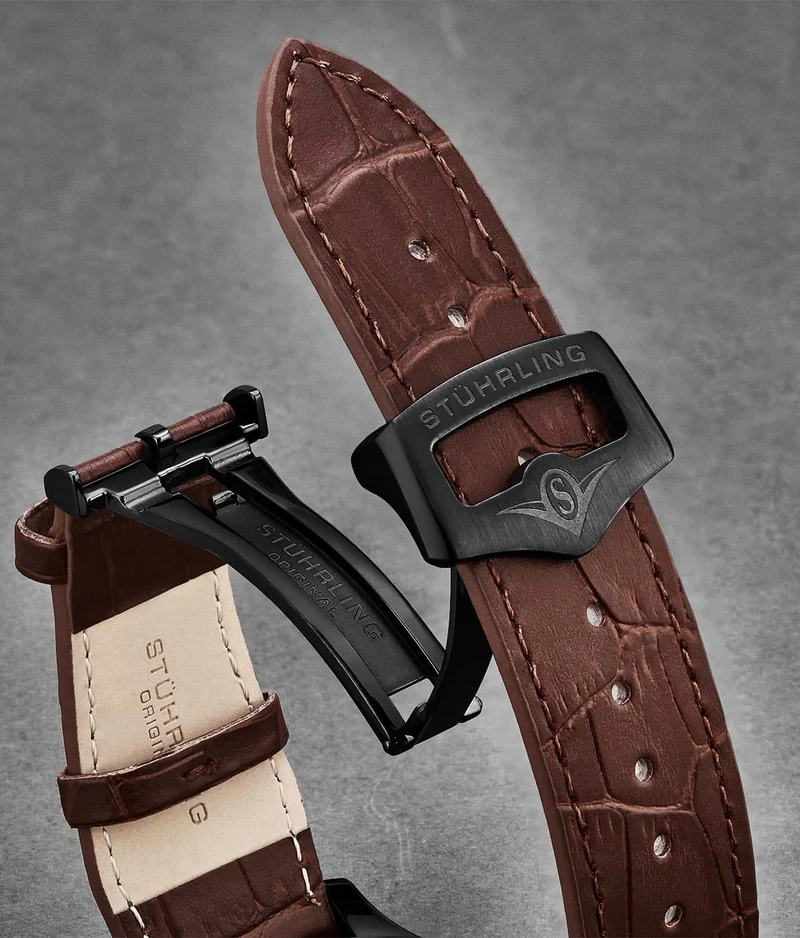 Stührling 24mm Leather Strap with Stainless Steel Deployant Buckle