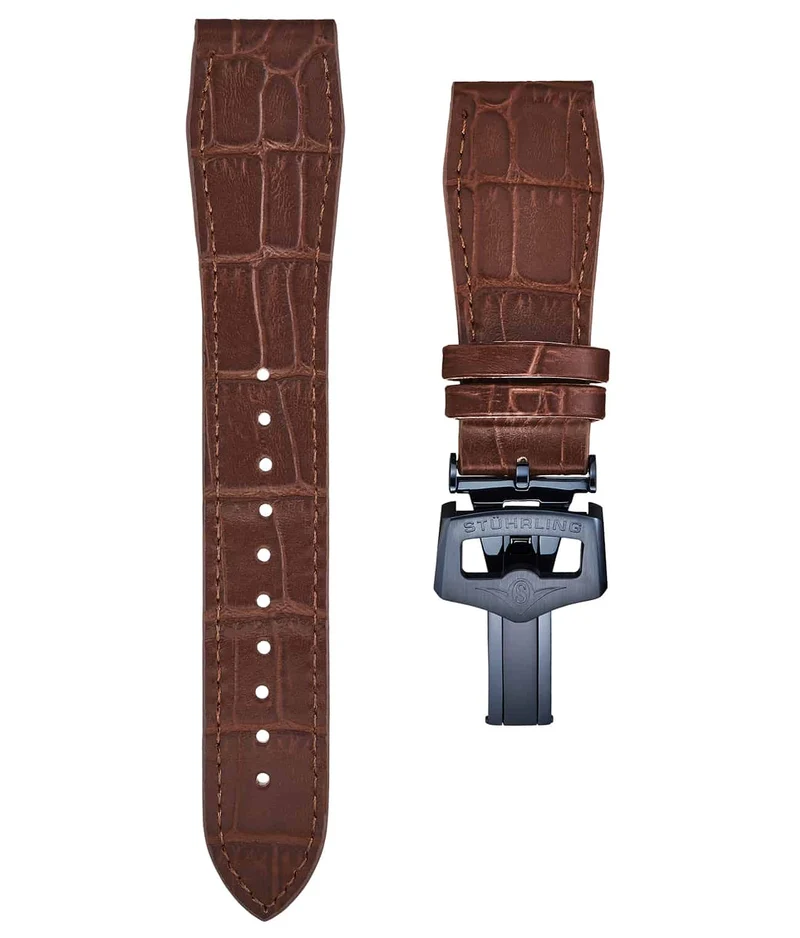 Stührling 24mm Leather Strap with Stainless Steel Deployant Buckle