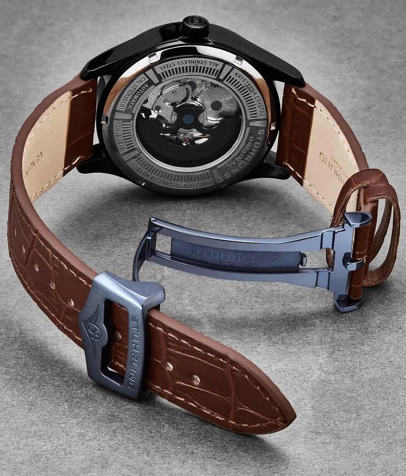 Stührling 24mm Leather Strap with Stainless Steel Deployant Buckle