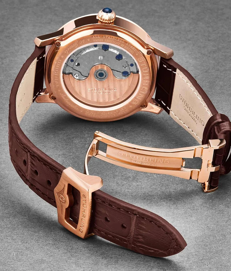 Stührling 24mm Leather Strap with Stainless Steel Deployant Buckle