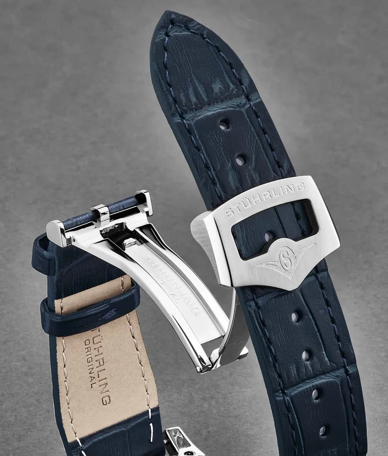 Stührling 24mm Leather Strap with Stainless Steel Deployant Buckle