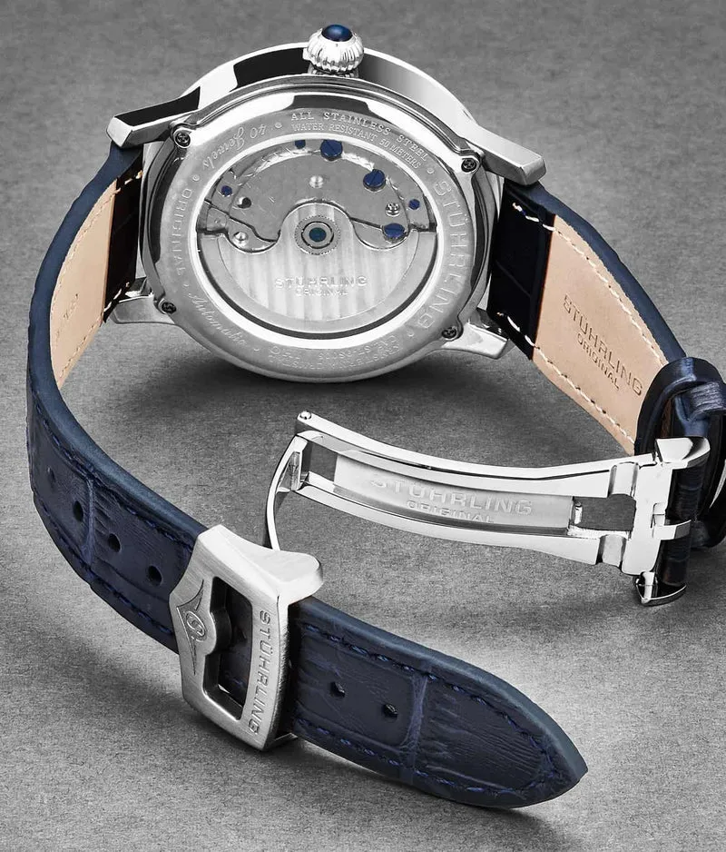 Stührling 24mm Leather Strap with Stainless Steel Deployant Buckle