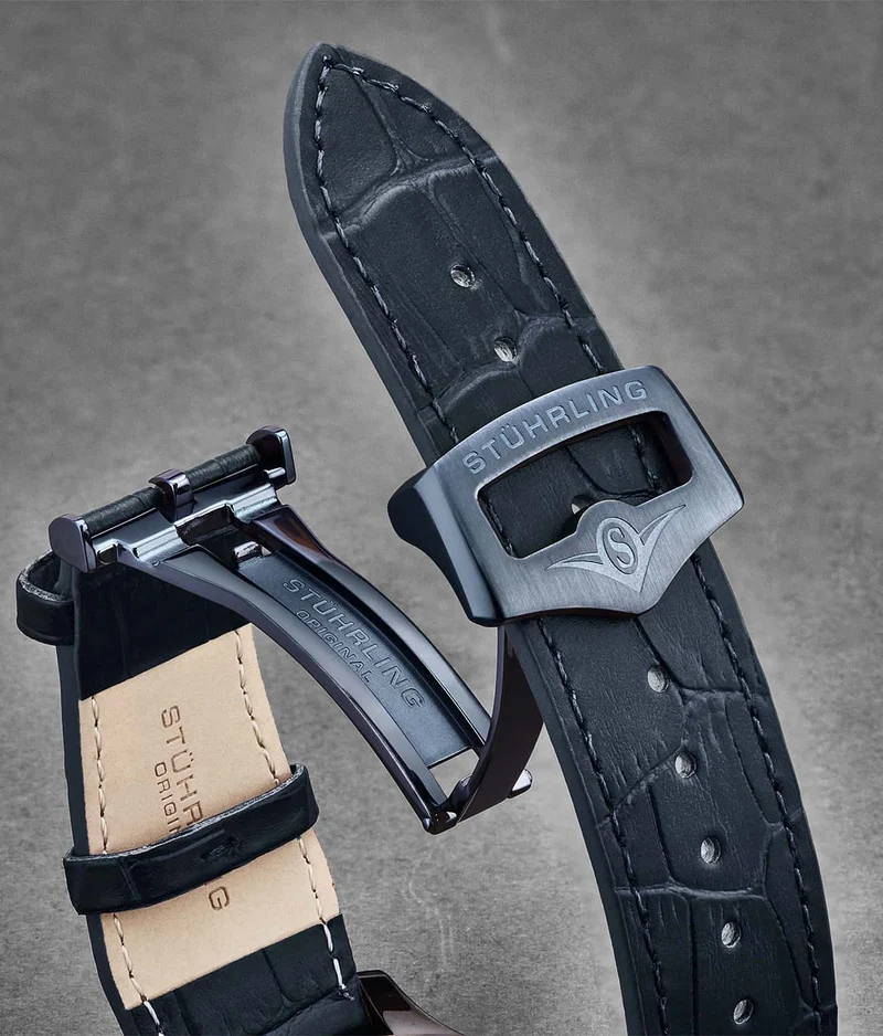Stührling 24mm Leather Strap with Stainless Steel Deployant Buckle