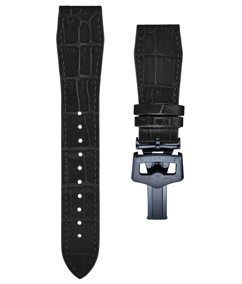 Stührling 24mm Leather Strap with Stainless Steel Deployant Buckle