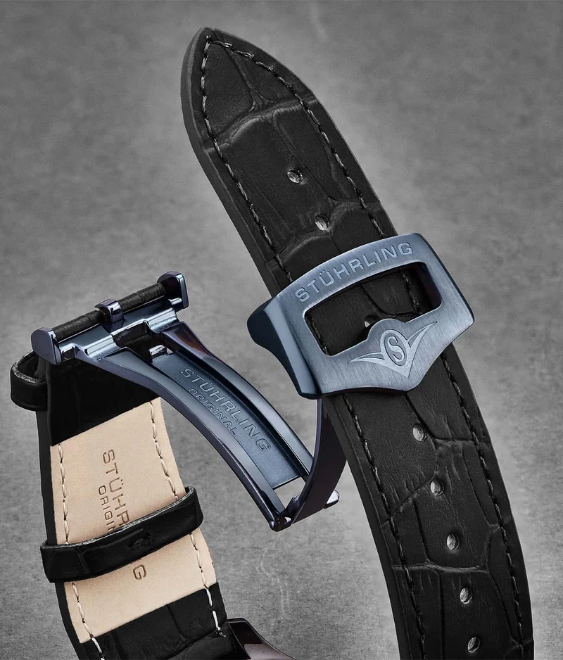 Stührling 24mm Leather Strap with Stainless Steel Deployant Buckle