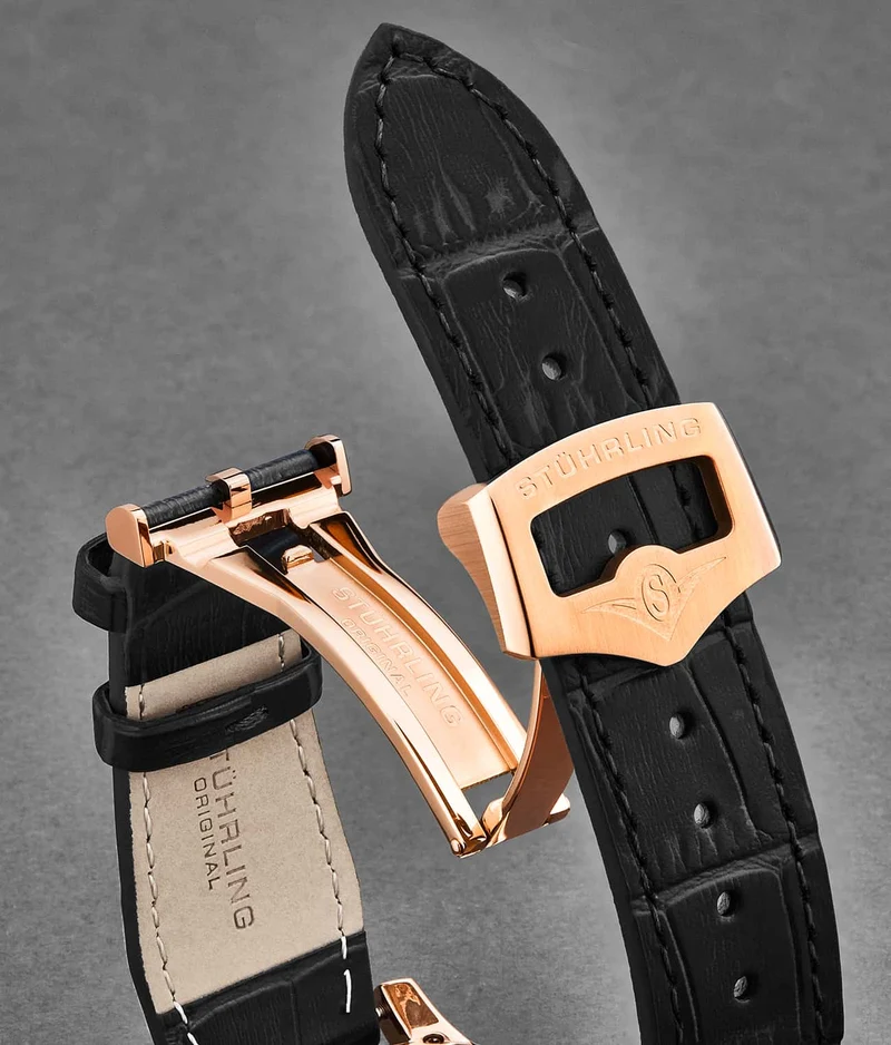 Stührling 24mm Leather Strap with Stainless Steel Deployant Buckle