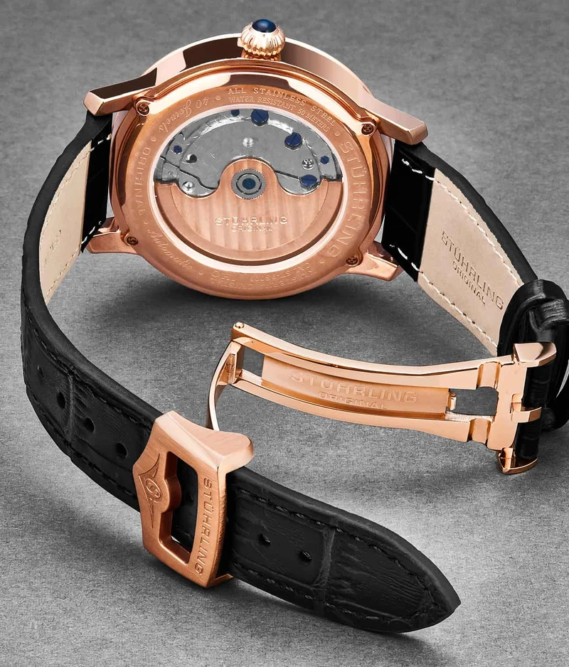 Stührling 24mm Leather Strap with Stainless Steel Deployant Buckle