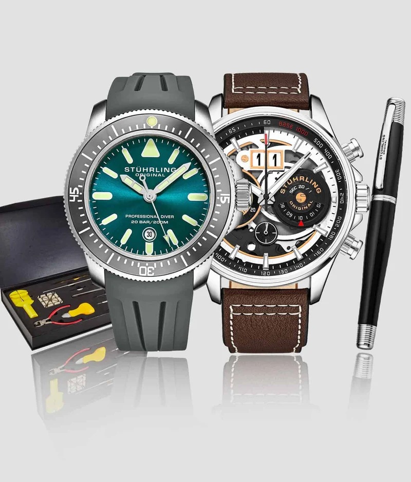Stührling Tachymeter 923.01, Maritimer 935.04, Signature Pen, and Watch Tool Kit
