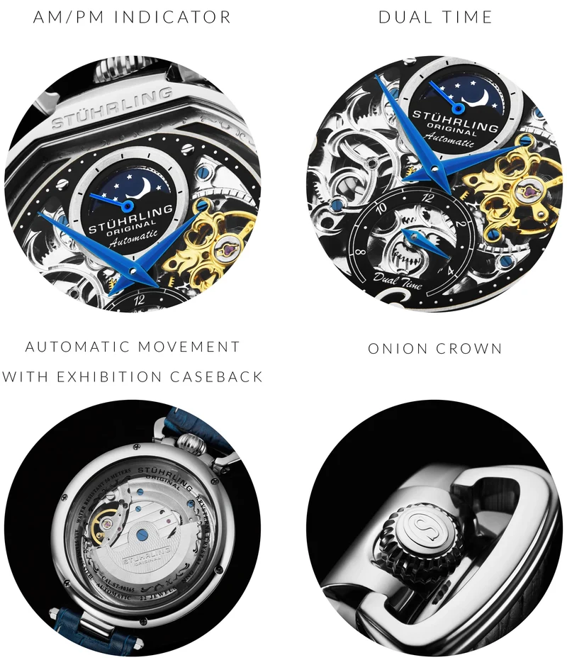 Stührling Modena 3954 Dual Time Automatic 46mm Skeleton