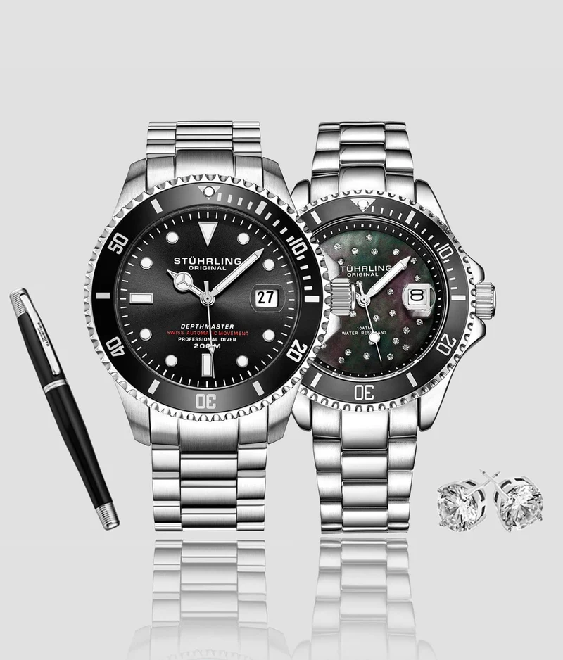 Stührling Classic Couple Diver Set with Signature Pen and Stud Earring