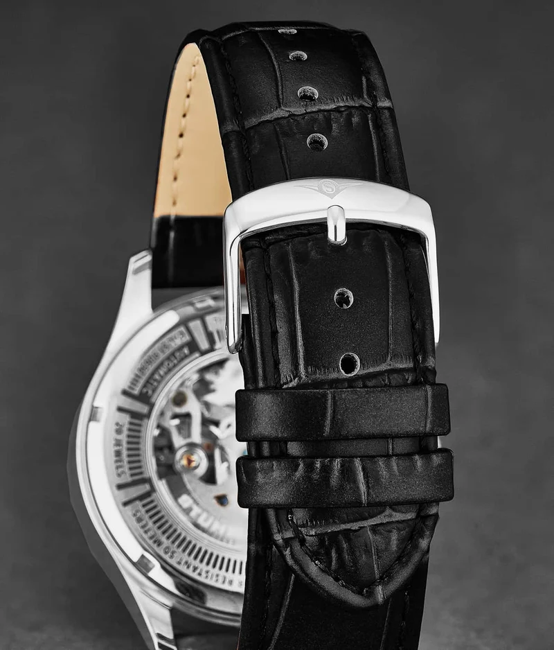Stührling Genuine Calfskin Black Leather Alligator Embossed 22mm Strap