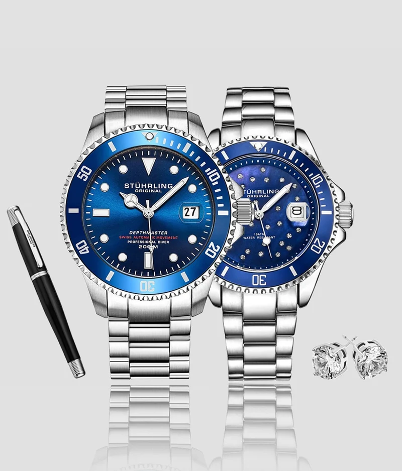 Stührling Deep Blue Divers Trio with Signature Pen and Stud Earring