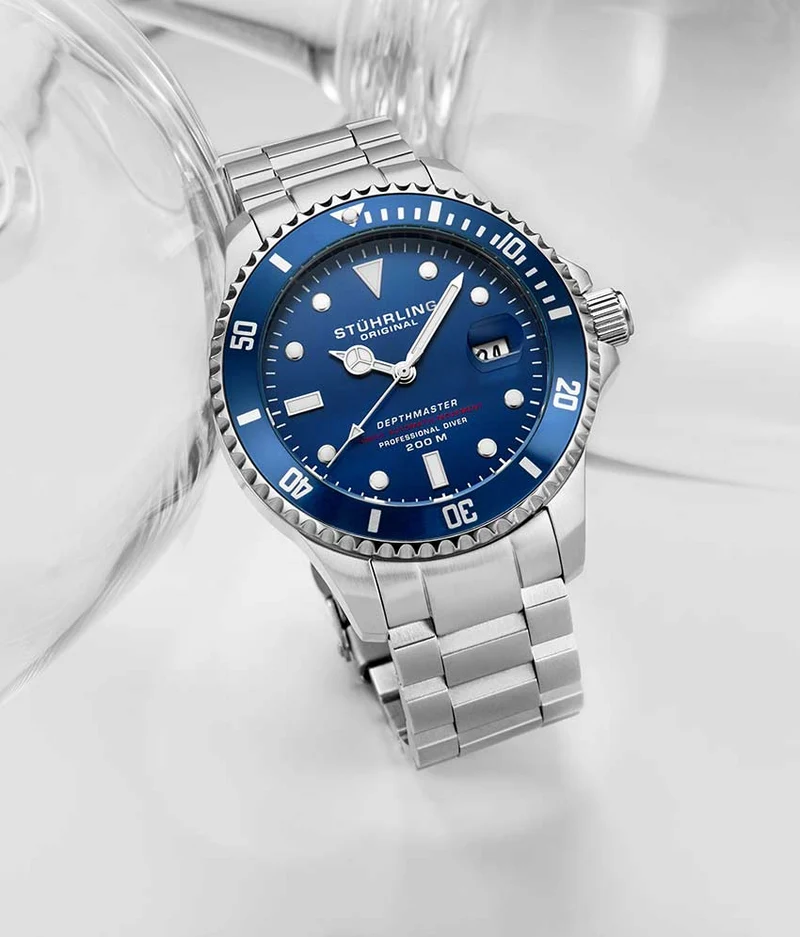 Stührling Deep Blue Divers Trio with Signature Pen and Stud Earring