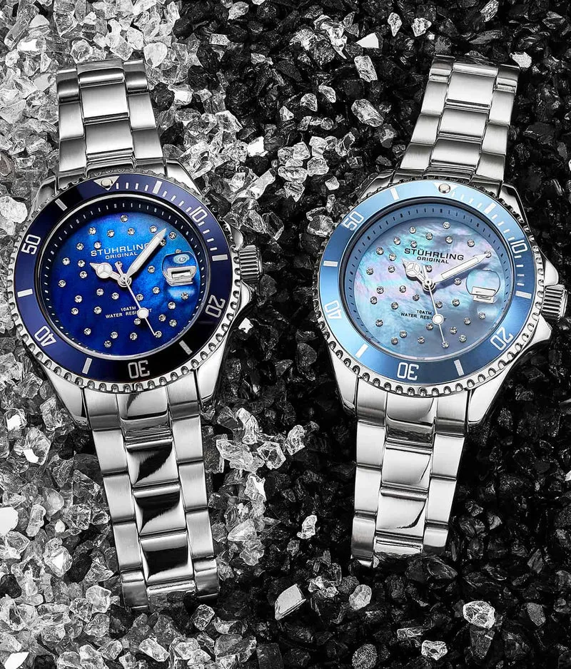 Stührling Deep Blue Divers Trio with Signature Pen and Stud Earring