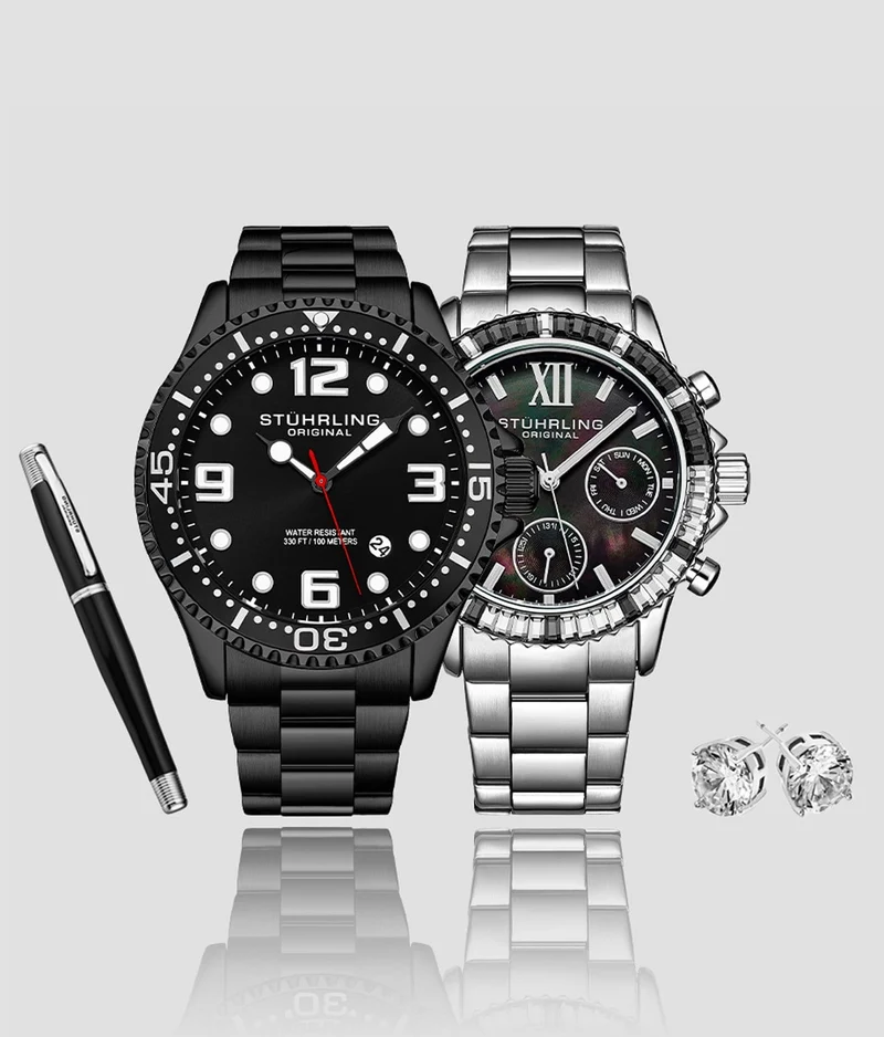 Stührling Style-Forward Quartz Set with Signature Pen and Stud Earrings