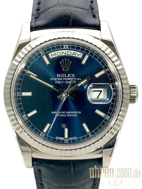 Rolex Day-Date 36 118139 Weißgold Leder Blau aus 2015