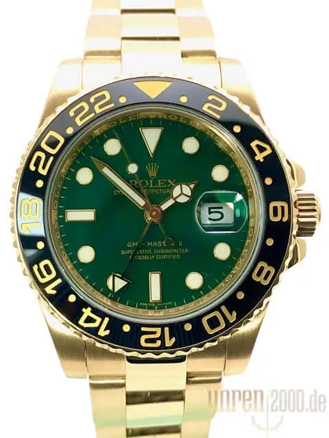 Rolex GMT-Master II Gelbgold 116718LN Grün aus 2013 Stick Dial
