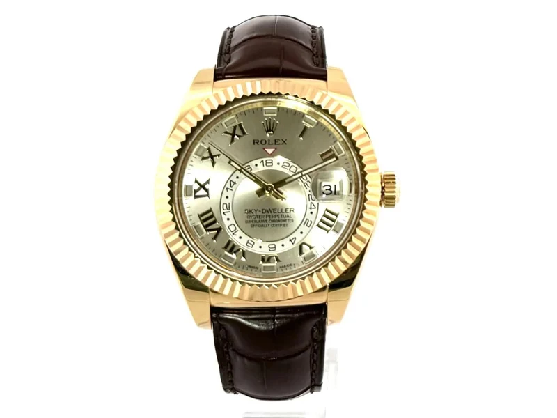 Rolex Sky-Dweller 326138 Gelbgold Leder Silber Römisch