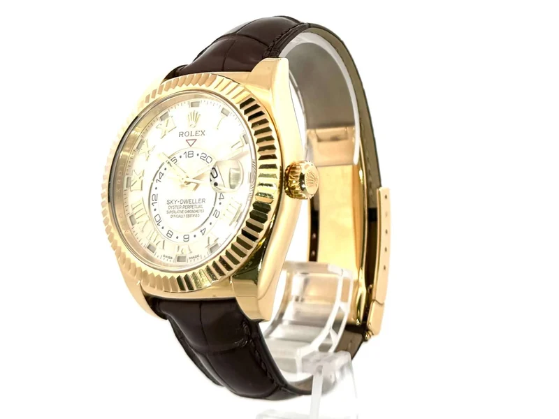 Rolex Sky-Dweller 326138 Gelbgold Leder Silber Römisch