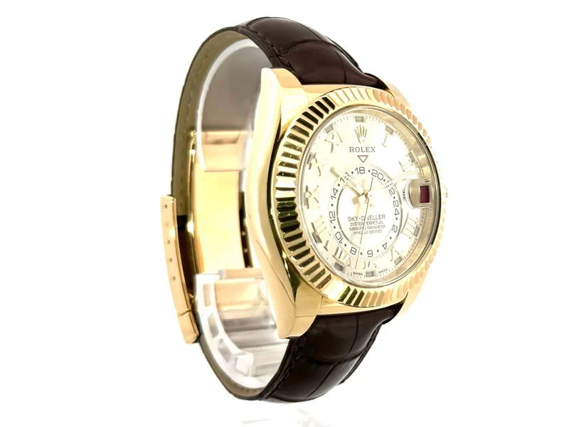Rolex Sky-Dweller 326138 Gelbgold Leder Silber Römisch