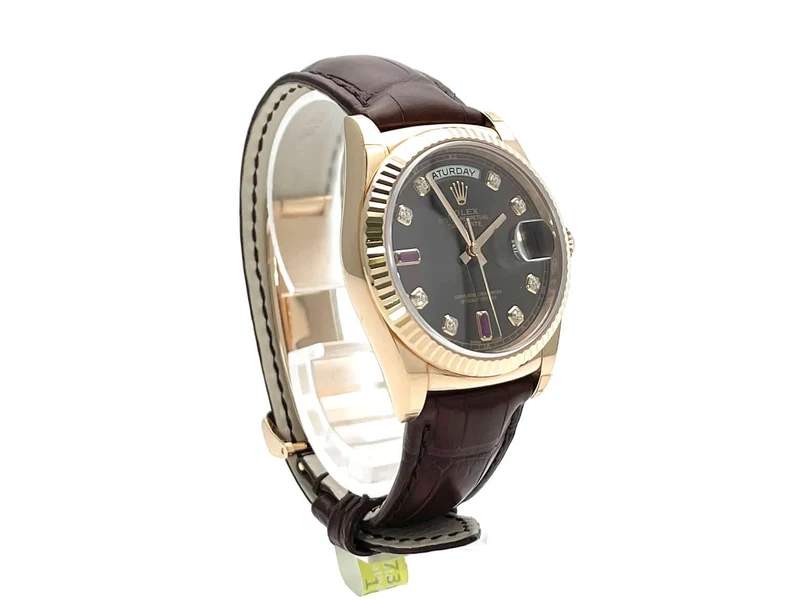 Rolex Day-Date 36 118135 Everose-Gold Leder Choco Diamant Rubin