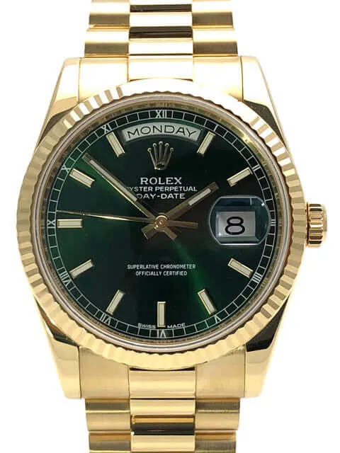 Rolex Day-Date 36 118238 Gelbgold Grün aus 2017 ungetragen
