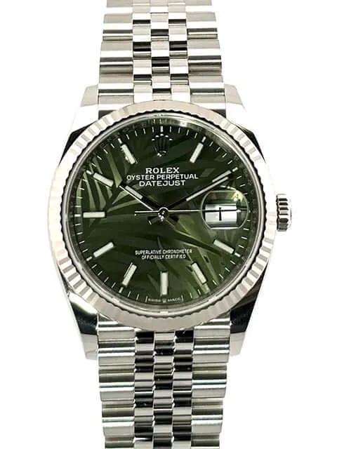 Rolex Datejust 36 Oystersteel Weißgold 126234 Olivgrün Palmenmuster Jubile-Band
