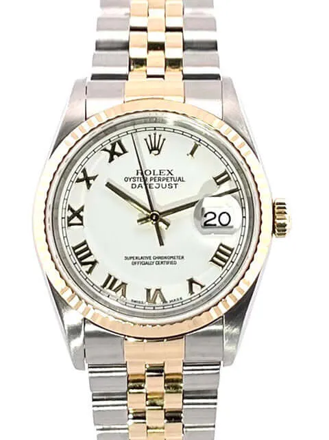 Rolex Datejust 36 Edelstahl Gelbgold 16233 Weiß Römisch Jubile-Band