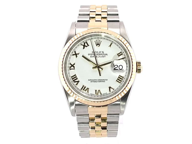 Rolex Datejust 36 Edelstahl Gelbgold 16233 Weiß Römisch Jubile-Band