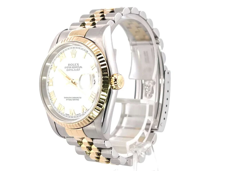 Rolex Datejust 36 Edelstahl Gelbgold 16233 Weiß Römisch Jubile-Band