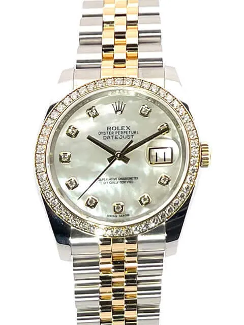 Rolex Datejust 36 Edelstahl Gelbgold Diamant Lünette 116243 Perlmutt DIA Jubile-Band