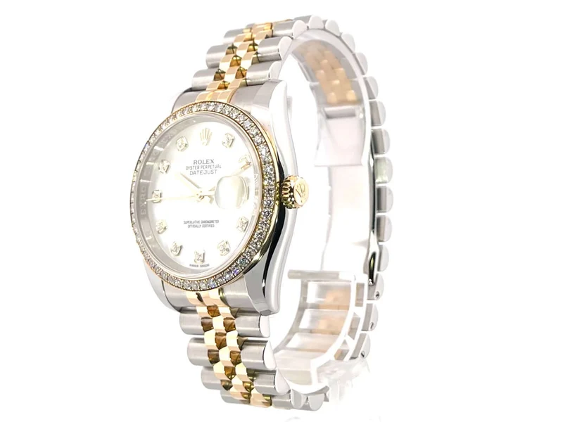 Rolex Datejust 36 Edelstahl Gelbgold Diamant Lünette 116243 Perlmutt DIA Jubile-Band