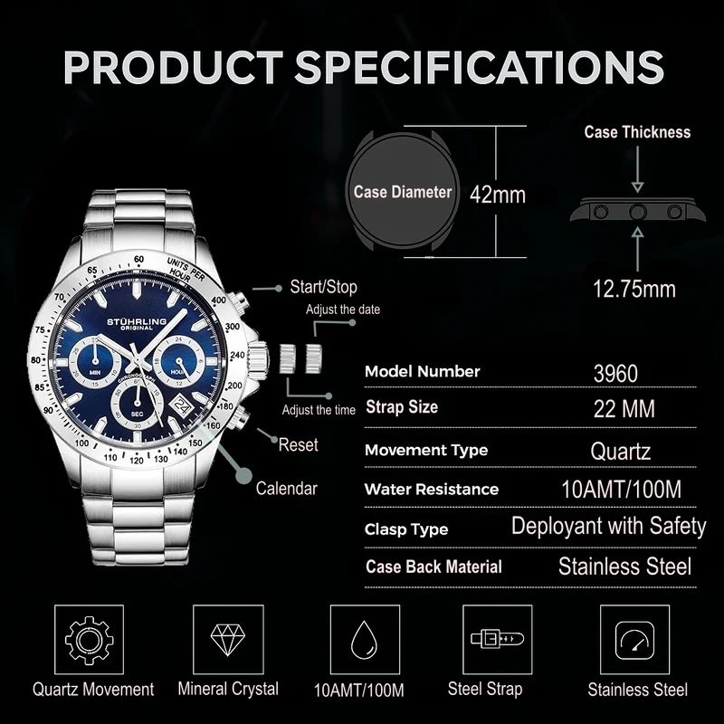Stührling Ultima 3960 Quartz 42mm Chronograph