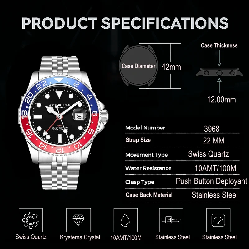 Stührling Meridian 3968 GMT Quartz 42mm Diver