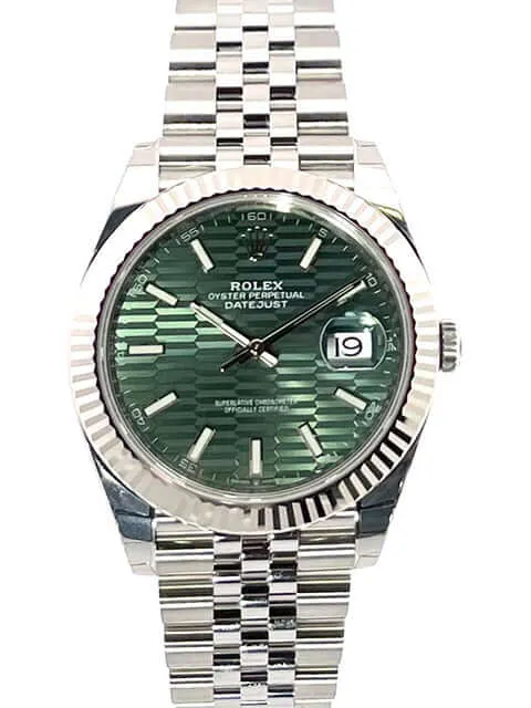 Rolex Datejust 41 Edelstahl Weißgold 126334 Mint Green Riffel Jubile-Band