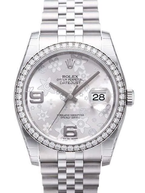 Rolex Datejust 36 Edelstahl Weißgold Diamant Lünette 116244 Silber Floral Jub