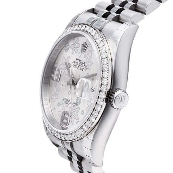Rolex Datejust 36 Edelstahl Weißgold Diamant Lünette 116244 Silber Floral Jub