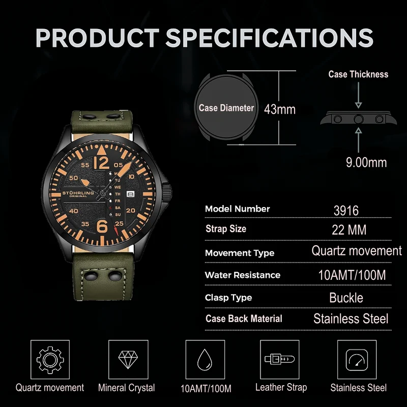 Stührling Aeronaut 3916 Quartz 43mm Aviator
