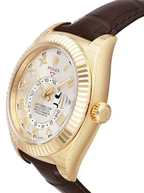 Rolex Sky-Dweller 326138 Gelbgold Leder Silber Römisch