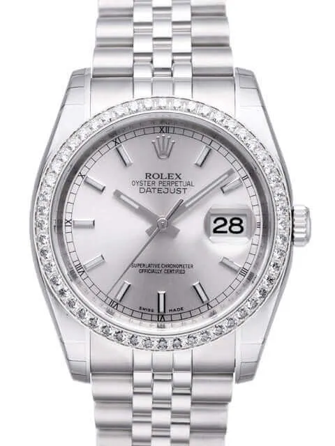 Rolex Datejust 36 116244 Silber Index Jubile-Band Weißgold Diamant Lünette