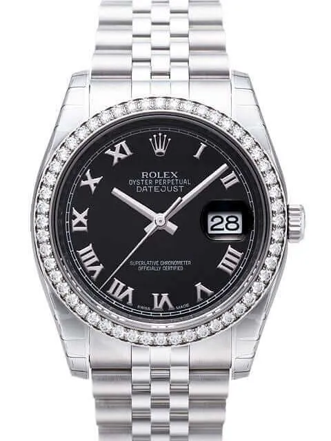 Rolex Datejust 36 116244 Schwarz Römisch Jubile-Band Weißgold Diamant Lünette