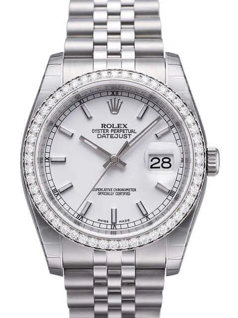 Rolex Datejust 36 116244 Weiß Index Jubile-Band Weißgold Diamant Lünette