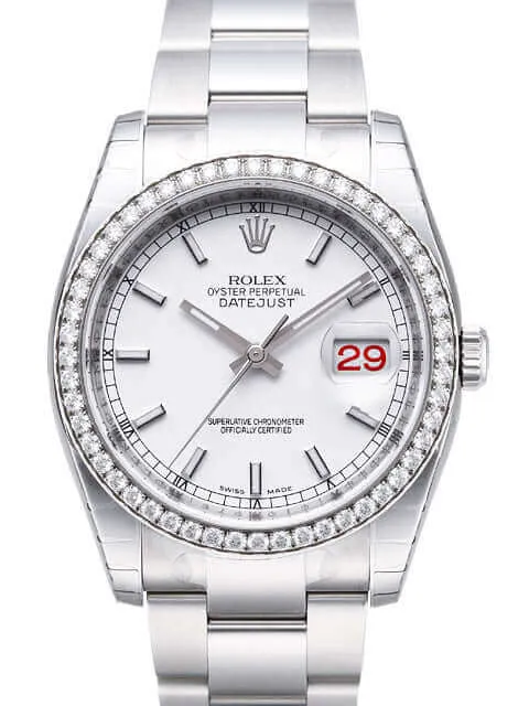 Rolex Datejust 36 116244 Weiß Index Weißgold Diamant Lünette