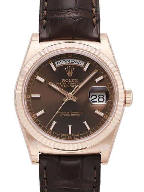 Rolex Day-Date 36 118135 Everose-Gold Leder Schoko Index