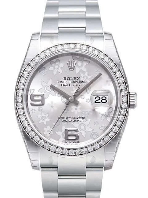 Rolex Datejust 36 Edelstahl Weißgold Diamant Lünette 116244 Silber Floral