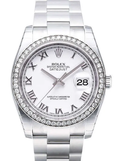 Rolex Datejust 36 Edelstahl Weißgold Diamant Lünette 116244 Weiß Römisch