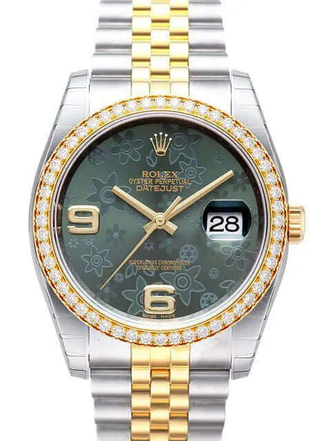 Rolex Datejust 36 Edelstahl Gelbgold Diamant Lünette 116243 Grün Floral Jub