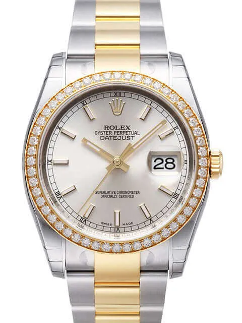 Rolex Datejust 36 Edelstahl Gelbgold Diamant Lünette 116243 Silber